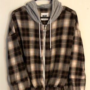 Plaid Flannel Zipper Jacket Hooded Flannel Top